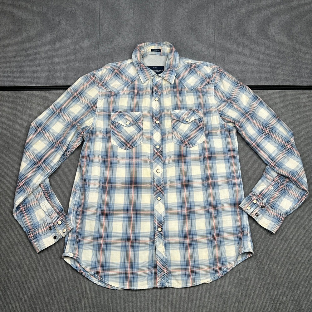 American Eagle Outfitters Blue Plaid Western Snap Shirt Vintage Fit Medium